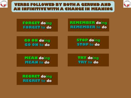 FORGET doing FORGET doing FORGET to do FORGET to do VERBS FOLLOWED BY BOTH A GERUND AND AN INFINITIVE WITH A CHANGE IN MEANING GO ON doing GO ON doing.