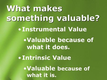 What makes something valuable? Instrumental Value Valuable because of what it does. Intrinsic Value Valuable because of what it is.
