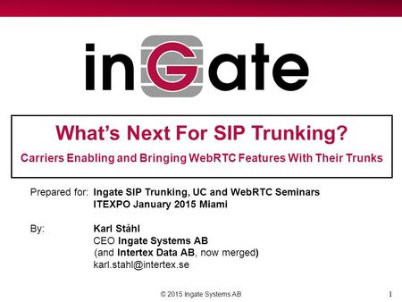 1 What’s Next For SIP Trunking? Carriers Enabling and Bringing WebRTC Features With Their Trunks © 2015 Ingate Systems AB Prepared for:Ingate SIP Trunking,