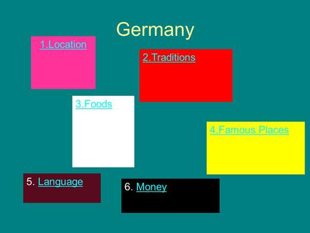 Germany 1.Location 2.Traditions 3.Foods 4.Famous Places 5.LanguageLanguage 6.MoneyMoney.