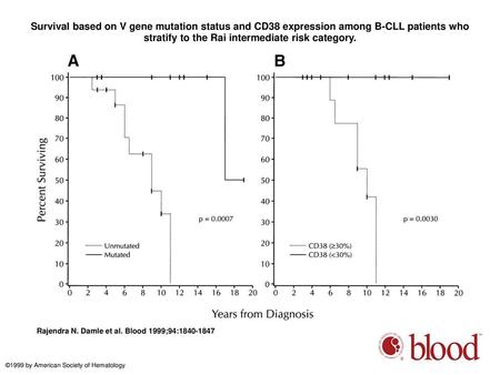 Survival based on V gene mutation status and CD38 expression among B-CLL patients who stratify to the Rai intermediate risk category. Survival based on.