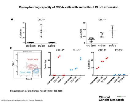 Colony-forming capacity of CD34+ cells with and without CLL-1 expression. Colony-forming capacity of CD34+ cells with and without CLL-1 expression. CD34+