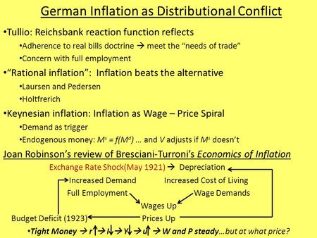 German Inflation as Distributional Conflict Tullio: Reichsbank reaction function reflects Adherence to real bills doctrine  meet the “needs of trade”