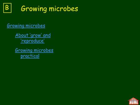 Growing microbes About ‘grow’ and ‘reproduce’ Growing microbes practical B Growing microbes.