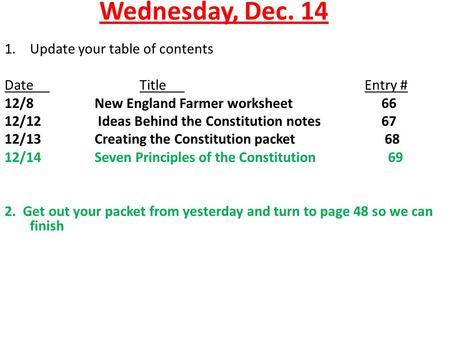 Wednesday, Dec. 14 Update your table of contents Date Title Entry #