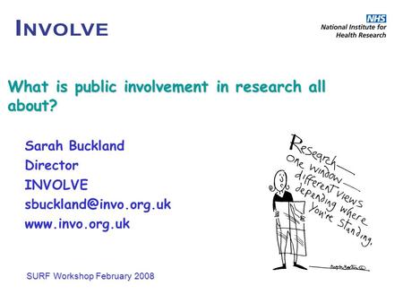 What is public involvement in research all about? Sarah Buckland Director INVOLVE  SURF Workshop February 2008.