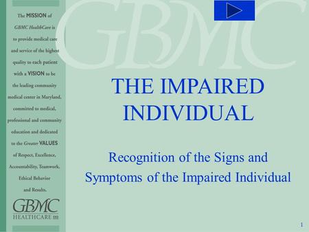 1 THE IMPAIRED INDIVIDUAL Recognition of the Signs and Symptoms of the Impaired Individual.