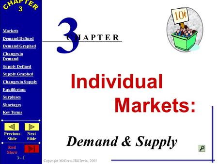 3 - 1 Copyright McGraw-Hill/Irwin, 2005 Markets Demand Defined Demand Graphed Changes in Demand Supply Defined Supply Graphed Changes in Supply Equilibrium.