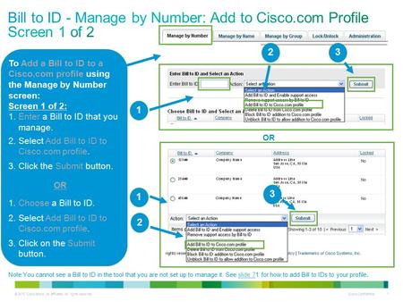 © 2013 Cisco and/or its affiliates. All rights reserved. Cisco Confidential 1 To Add a Bill to ID to a Cisco.com profile using the Manage by Number screen: