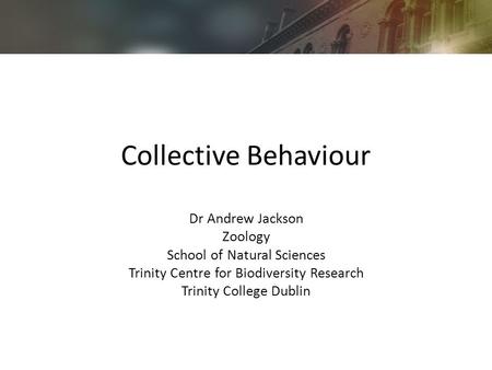 Collective Behaviour Dr Andrew Jackson Zoology School of Natural Sciences Trinity Centre for Biodiversity Research Trinity College Dublin.
