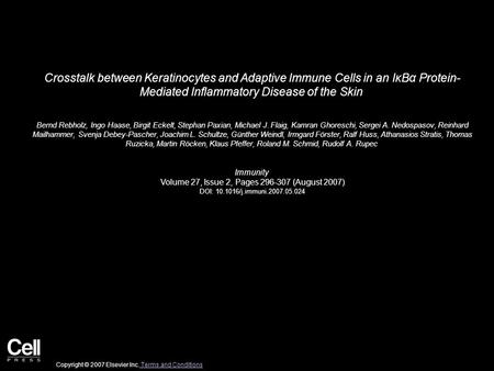 Crosstalk between Keratinocytes and Adaptive Immune Cells in an IκBα Protein- Mediated Inflammatory Disease of the Skin Bernd Rebholz, Ingo Haase, Birgit.