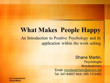 What Makes People Happy An Introduction to Positive Psychology and its application within the work setting Shane Martin, Psychologist Moodwatchers Email:
