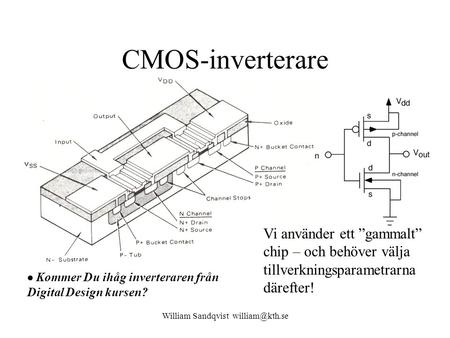 CMOS-inverterare Vi använder ett ”gammalt” chip – och behöver välja tillverkningsparametrarna därefter!  Kommer Du ihåg inverteraren från Digital Design.