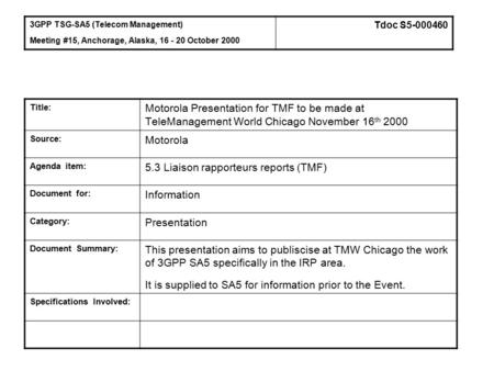 Title: Motorola Presentation for TMF to be made at TeleManagement World Chicago November 16 th 2000 Source: Motorola Agenda item: 5.3 Liaison rapporteurs.