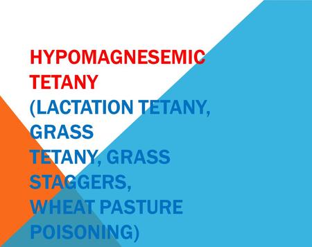 Tetany associated with depression of serum magnesium levels is a common occurrence in ruminants and divided into 2 type: 1-LACTATION TETANY((Grass Tetany))in.