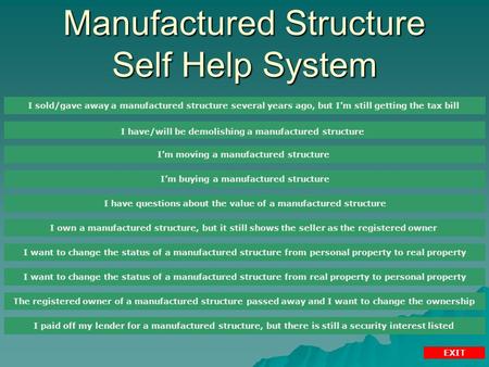Manufactured Structure Self Help System I sold/gave away a manufactured structure several years ago, but I’m still getting the tax bill I have/will be.