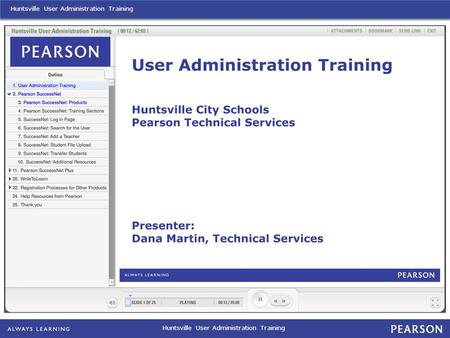 Huntsville User Administration Training. Huntsville User Administration Training: Pearson SuccessNet.