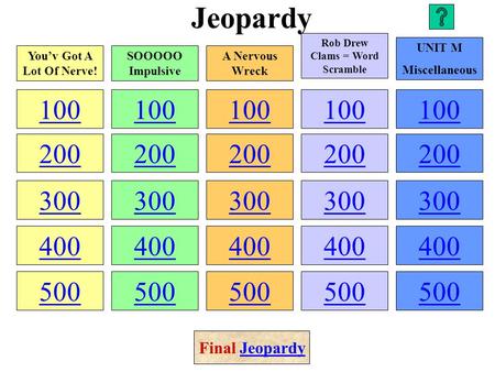 Jeopardy 100 200 300 400 500 100 200 300 400 500 100 200 300 400 500 100 200 300 400 500 100 200 300 400 500 You’v Got A Lot Of Nerve! SOOOOO Impulsive.