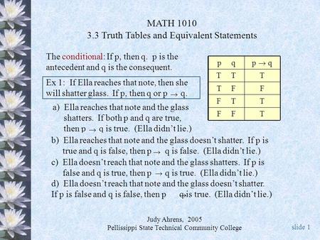 MATH 1010 3.3 Truth Tables and Equivalent Statements Judy Ahrens, 2005 Pellissippi State Technical Community College slide 1 The conditional: If p, then.