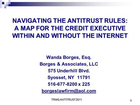 TRMG ANTITRUST 2011 1 NAVIGATING THE ANTITRUST RULES: A MAP FOR THE CREDIT EXECUTIVE WITHIN AND WITHOUT THE INTERNET Wanda Borges, Esq. Borges & Associates,