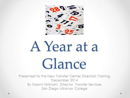 A Year at a Glance Presented to the New Transfer Center Directors Training December 2014 By Naomi Grisham, Director, Transfer Services San Diego Miramar.