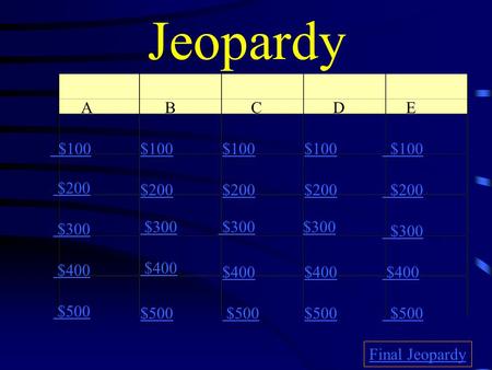Jeopardy A B C D E $100 $200 $300 $400 $500 $100 $200 $300 $400 $500 Final Jeopardy.