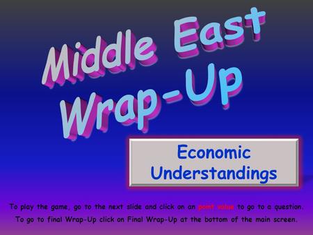 Economic Understandings To play the game, go to the next slide and click on an point value to go to a question. To go to final Wrap-Up click on Final Wrap-Up.