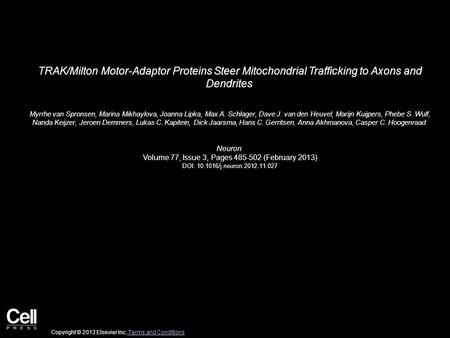 TRAK/Milton Motor-Adaptor Proteins Steer Mitochondrial Trafficking to Axons and Dendrites Myrrhe van Spronsen, Marina Mikhaylova, Joanna Lipka, Max A.
