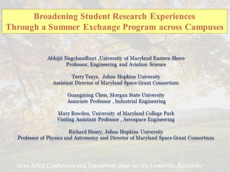 Broadening Student Research Experiences Through a Summer Exchange Program across Campuses Abhijit Nagchaudhuri,University of Maryland Eastern Shore Professor,