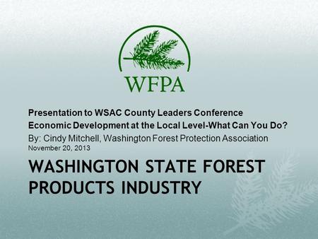 WASHINGTON STATE FOREST PRODUCTS INDUSTRY Presentation to WSAC County Leaders Conference Economic Development at the Local Level-What Can You Do? By: Cindy.