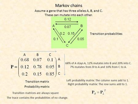 Markov chains Assume a gene that has three alleles A, B, and C. These can mutate into each other. Transition probabilities Transition matrix Probability.