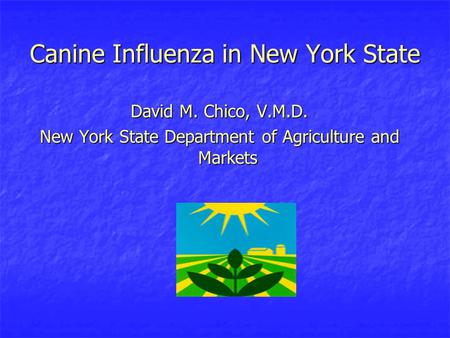 Canine Influenza in New York State David M. Chico, V.M.D. New York State Department of Agriculture and Markets.
