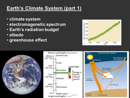 Earth’s Climate System (part 1) climate system electromagenetic spectrum Earth’s radiation budget albedo greenhouse effect.
