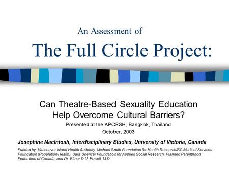 An Assessment of The Full Circle Project: Can Theatre-Based Sexuality Education Help Overcome Cultural Barriers? Presented at the APCRSH, Bangkok, Thailand.