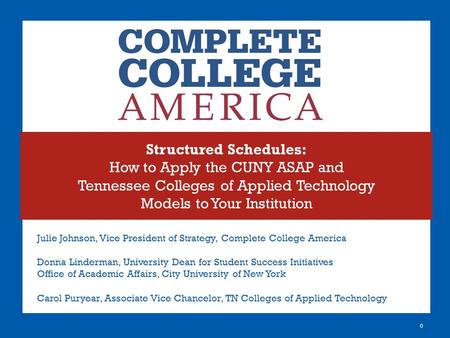 Structured Schedules: How to Apply the CUNY ASAP and Tennessee Colleges of Applied Technology Models to Your Institution 0 Julie Johnson, Vice President.
