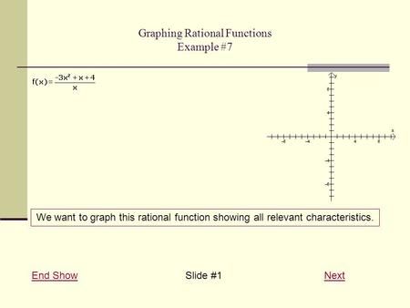 Graphing Rational Functions Example #7 End ShowEnd Show Slide #1 NextNext We want to graph this rational function showing all relevant characteristics.