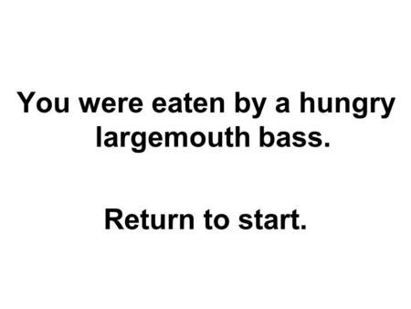 You were eaten by a hungry largemouth bass. Return to start.