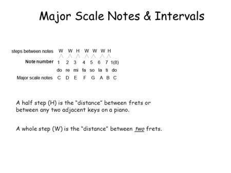 Major Scale Notes & Intervals A half step (H) is the “distance” between frets or between any two adjacent keys on a piano. A whole step (W) is the “distance”