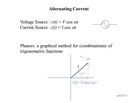 P212c32: 1 Alternating Current Voltage Source : v(t) = V cos  t Current Source : i(t) = I cos  t Phasors: a graphical method for (combinations) of trigonometric.