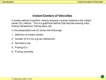 Instant Centers of Velocities