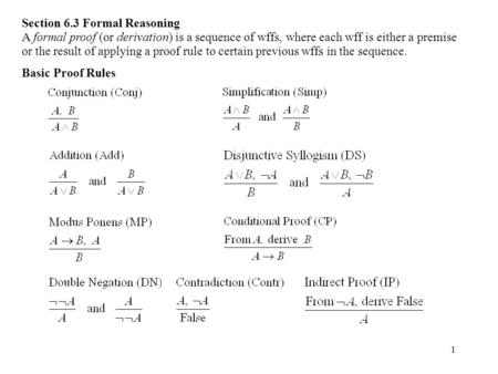 1 Section 6.3 Formal Reasoning A formal proof (or derivation) is a sequence of wffs, where each wff is either a premise or the result of applying a proof.