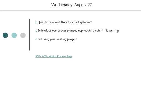 Wednesday, August 27 Questions about the class and syllabus? Introduce our process-based approach to scientific writing Defining your writing project IPHY.