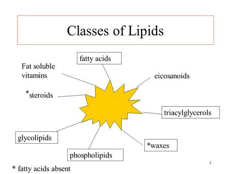 1 Classes of Lipids fatty acids triacylglycerols phospholipids Fat soluble vitamins steroids glycolipids *waxes * * fatty acids absent eicosanoids.