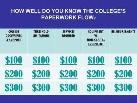 HOW WELL DO YOU KNOW THE COLLEGE’S PAPERWORK FLOW ? COLLEGE DOCUMENTS & SUPPORT THRESHOLD LIMITATIONS SERVICES REQUIRED EQUIPMENT VS NON-CAPITAL EQUIPMENT.