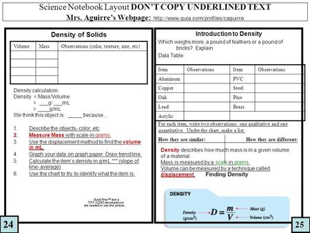 Science Notebook Layout DON’T COPY UNDERLINED TEXT Mrs. Aguirre’s Webpage:  Density of Solids Introduction to Density.