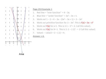Page 253 Example 1 1.Red line = ”over function” = 4 – 3x. 2.Blue line = ”under function” = 3x 2 – 3x + 1. 3.Work out 1 – 2 = 4 – 3x – (3x 2 – 3x + 1) =
