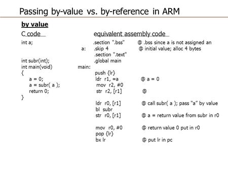 Passing by-value vs. by-reference in ARM by value C code equivalent assembly code int a;.section since a is not assigned an a:.skip initial.