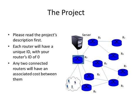 The Project Please read the project’s description first. Each router will have a unique ID, with your router’s ID of 0 Any two connected routers will have.