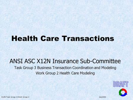 X12N Task Group 3/Work Group 2 July2000 Health Care Transactions ANSI ASC X12N Insurance Sub-Committee Task Group 3 Business Transaction Coordination and.