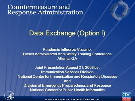 TM 1 Data Exchange (Option I) Pandemic Influenza Vaccine: Doses Administered And Safety Training Conference Atlanta, GA Joint Presentation August 21, 2008.